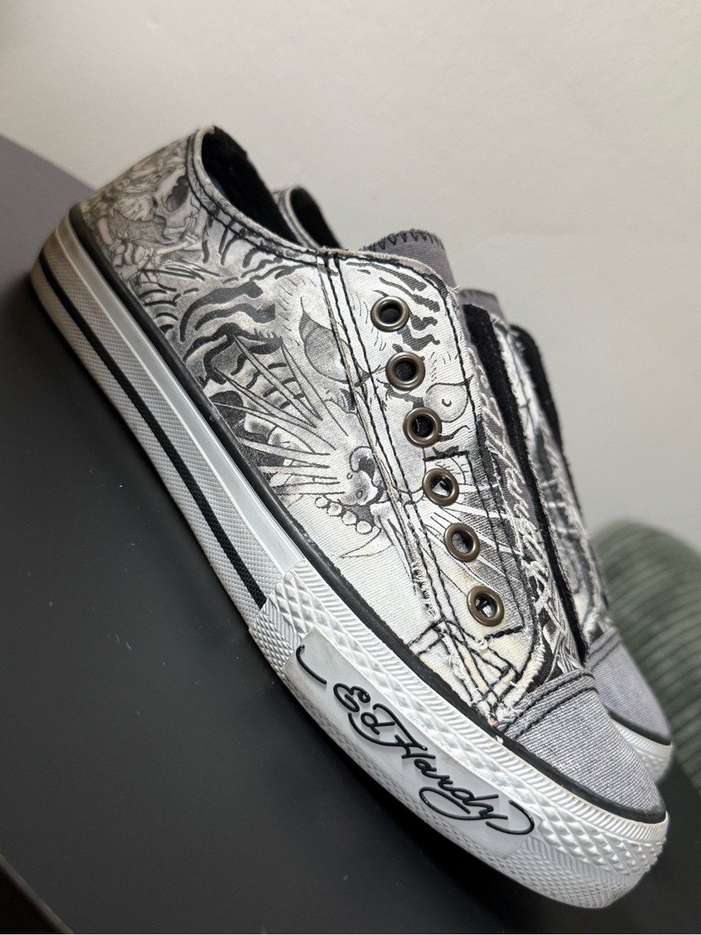 Ed Hardy Vintage Y2K Sneakers Size 6 Gray Black Tattoo Graphic Slip-On Shoes